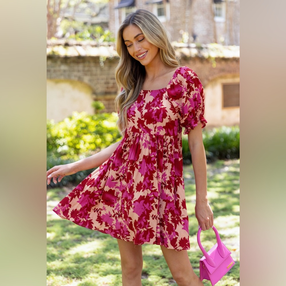 Pink & Red Floral Square Neck Ruffle Mini Dress